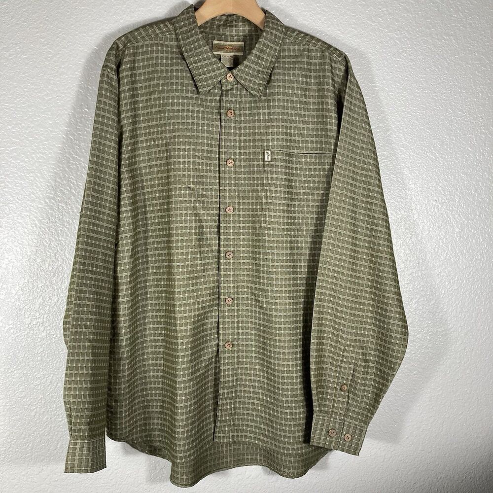 Original Island Sport Men’s XXL Dress Shirt Green Khaki Button Up Checkered